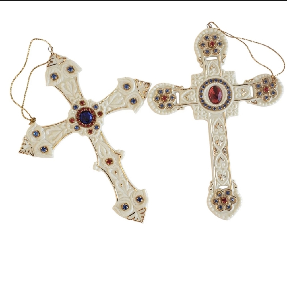 Dillards Trimmings Christmas Ornaments Set of 2 Cross Red and Blue Gems W/Box